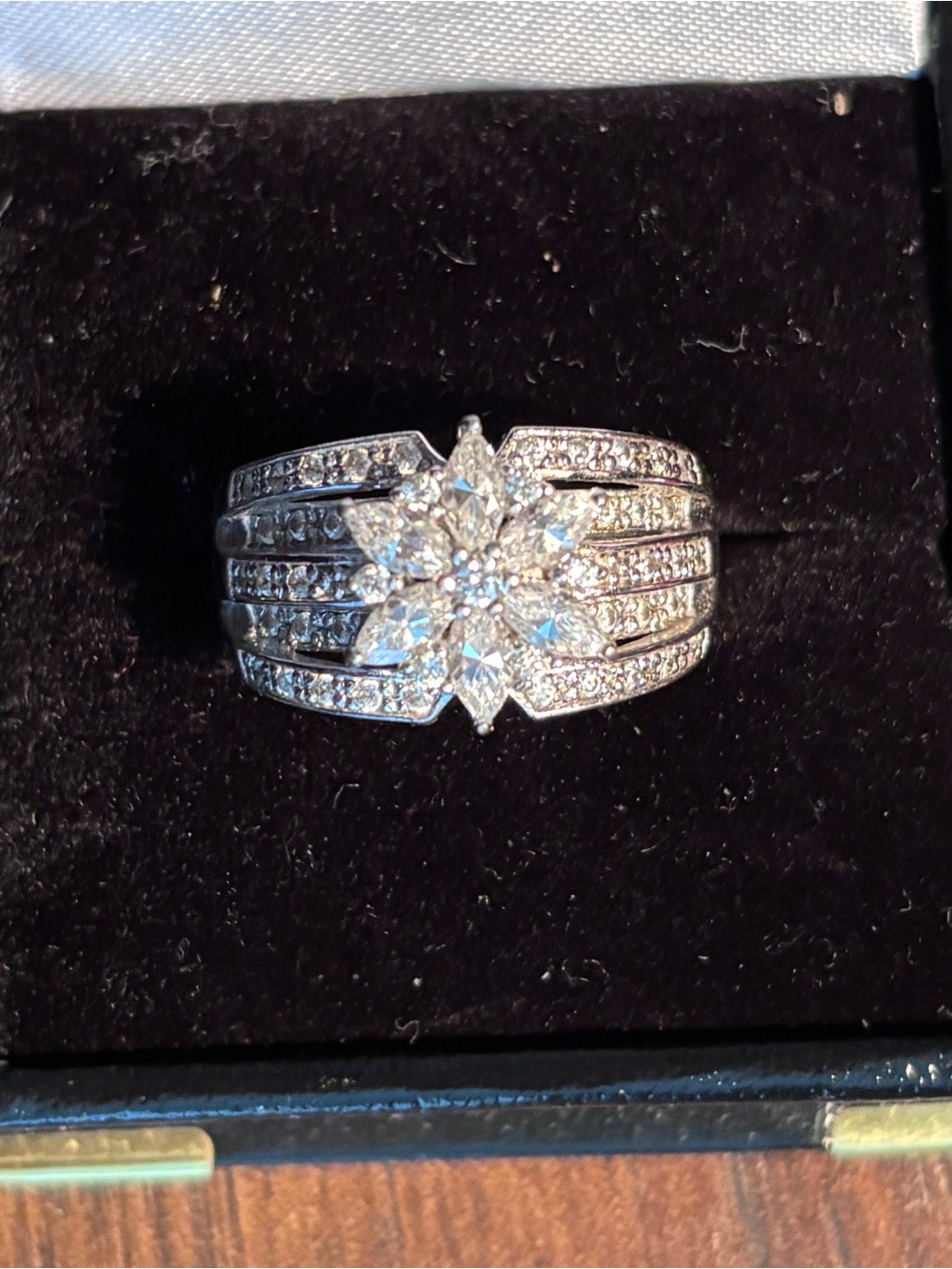 Sterling Silver Crystal Floral Statement Ring - White